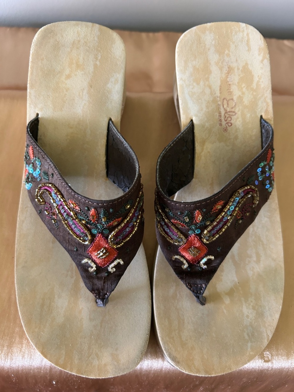 Vintage Skechers Something Else Brown Embroidered Beaded Thong Sandals